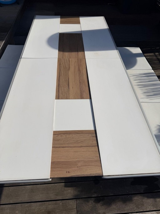Exceptional extendable outdoor table + 2 stainless steel benches with marine upholstery - Design by Architecte Italy