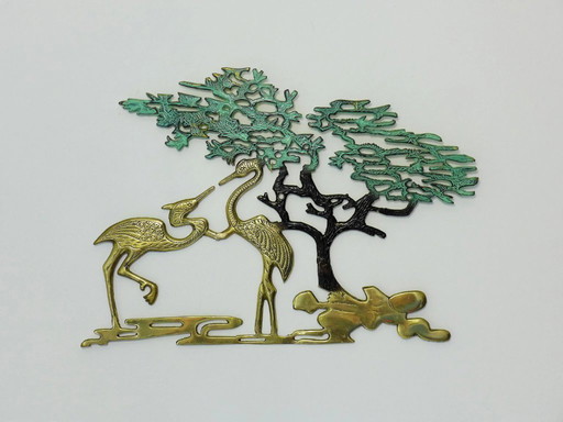 Decorazione murale vintage con gru in ottone, stile anni '50, '60, '70, arredamento di metà secolo.