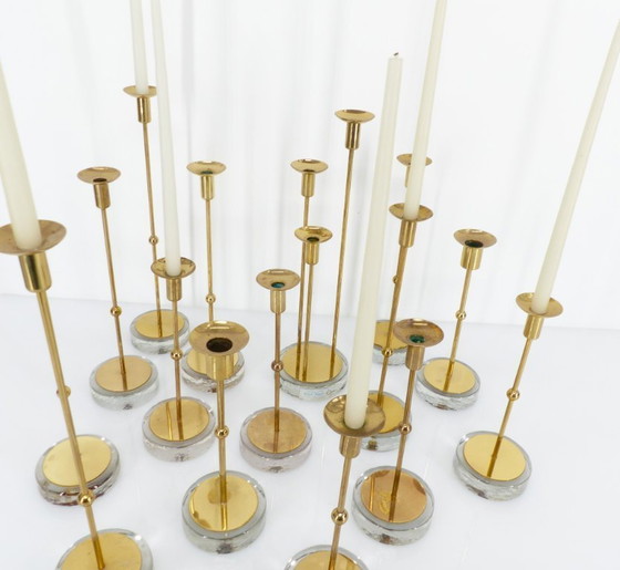 Image 1 of Set von 15 skandinavischen Kerzenhaltern aus Messing und Glas, Gunnar Ander, Ystad Metall, Schweden 1960