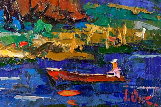 Image 1 of Original Oil Painting Summer Coastal Landscape In the evening by the river