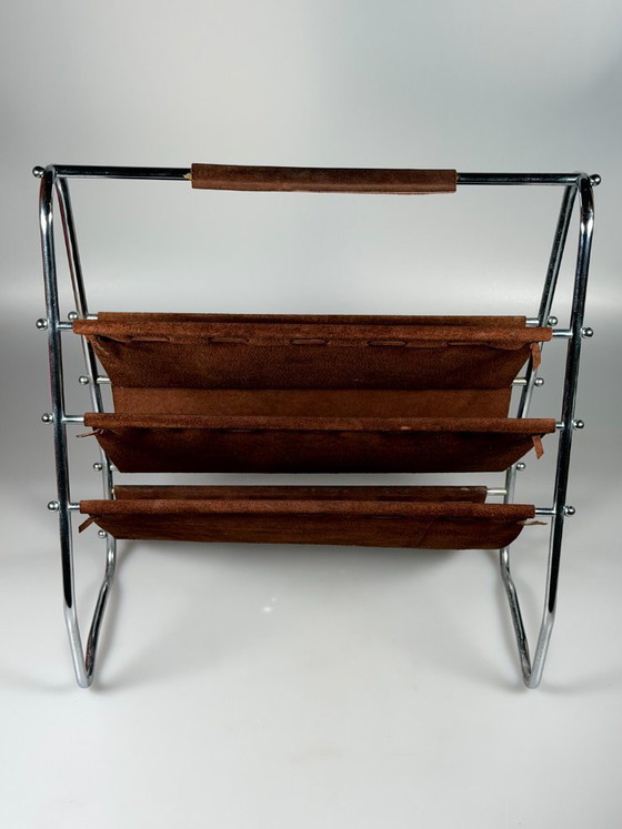 Image 1 of 1960s/70s Newspaper Holder/Magazine Stand, Metal/Leather, Mid-Century Design