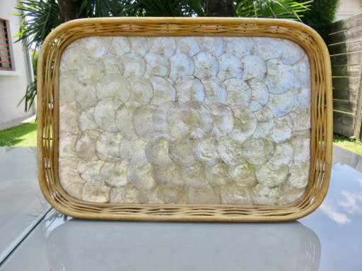 Large tray in Philippine Capiz mother-of-pearl, rattan, wicker