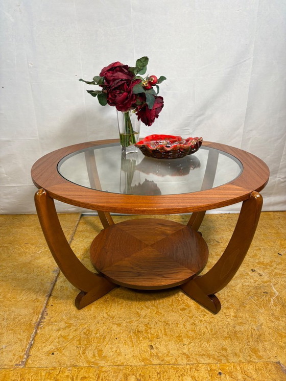 Image 1 of Mid-Century Retro Vintage Teak & Glass Round Coffee Table by Stonehill 1960  Sculptural Design • Danish Inspiration • British Cr