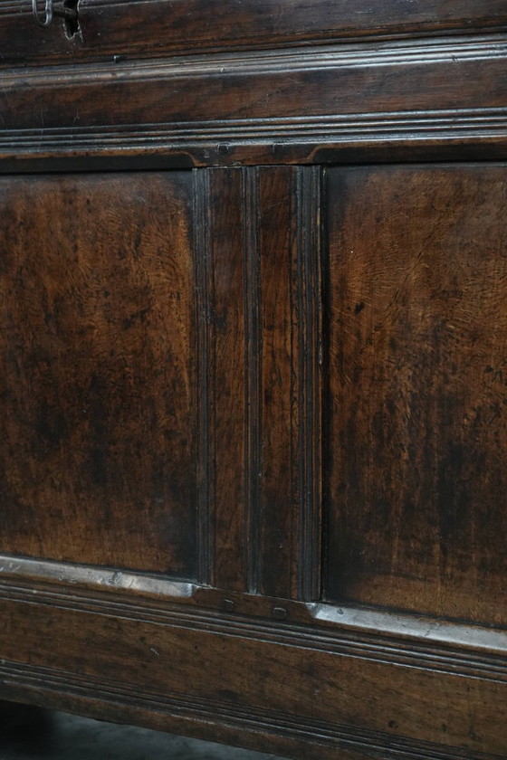 Image 1 of Large antique panelled English oak chest from the 18th century
