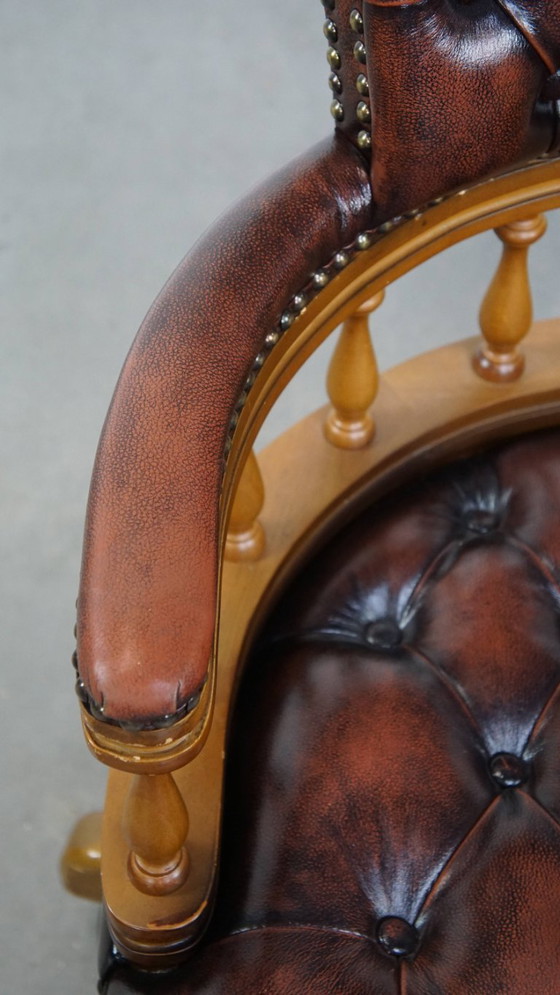 Image 1 of Brown height adjustable cowhide leather and wood chesterfield office chair on wheels