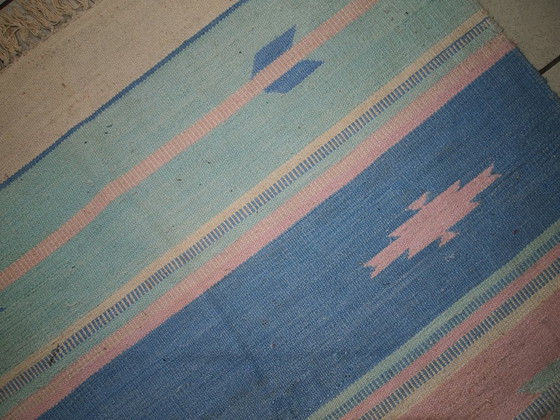Image 1 of Vintage Indian Dhurri Kilim 4'x6' - 1960s Pastel Stripes (1C70)