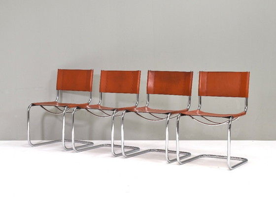 Image 1 of 4X Mart Stam S33 Chairs by FASEM in Chrome and Saddle Leather, Italy – 1970’s