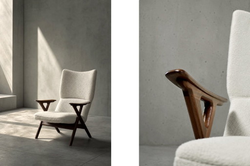 Vintage norwegischer Lounge-Sessel im Mid-Century-Stil aus Teakholz und weißem Bouclé-Stoff, 1960er Jahre