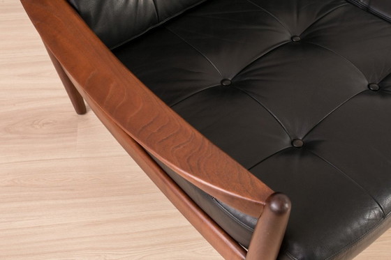 Image 1 of Divano scandinavo a 3 posti in legno e pelle nera, anni '60