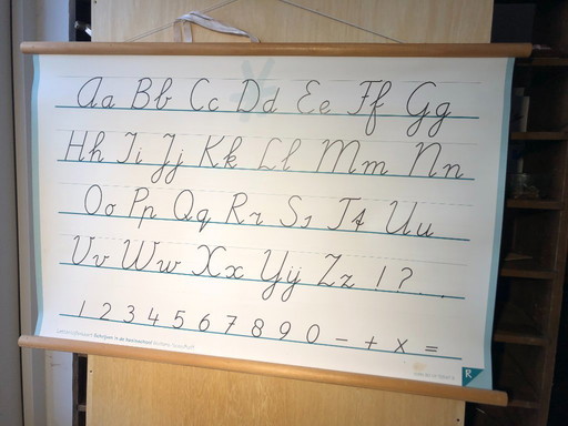 Vintage schoolplaat schoolkaart Schrijven - cijfers en letters - dubbelzijdig 100 x 66 Wolters Noordhoff als nieuw
