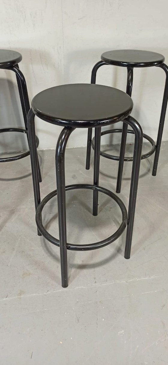 Image 1 of 5 x vintage black round bar stools 