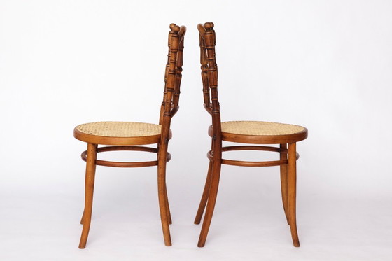 Image 1 of Set van 4 Josef Kohn gebogen houten stoelen – Oostenrijkse vintage jaren 30-50, beukenhout met Weense rieten zittingen, Thonet-s