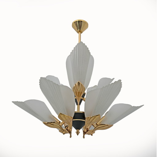 Nine-Light Chandelier Brass And Acid-Etched Glass By F. Fabbian, 1980S