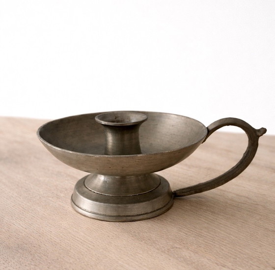 Image 1 of Antique patinated pewter candlestick – 19th century hand candlestick