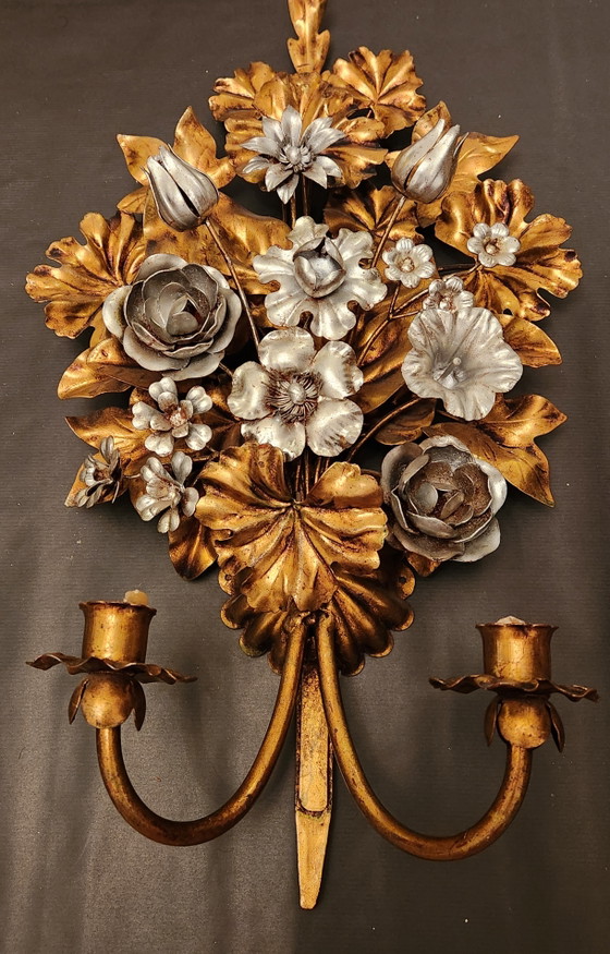 Applique murale florentine en forme de bougie, forgée à la main en Italie par S. Salvadori, plaquée argent (photo 4 of 15)