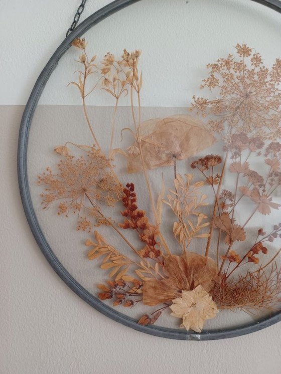 Image 1 of Vitrail botanique vintage des années 70. Fleurs et plantes séchées.