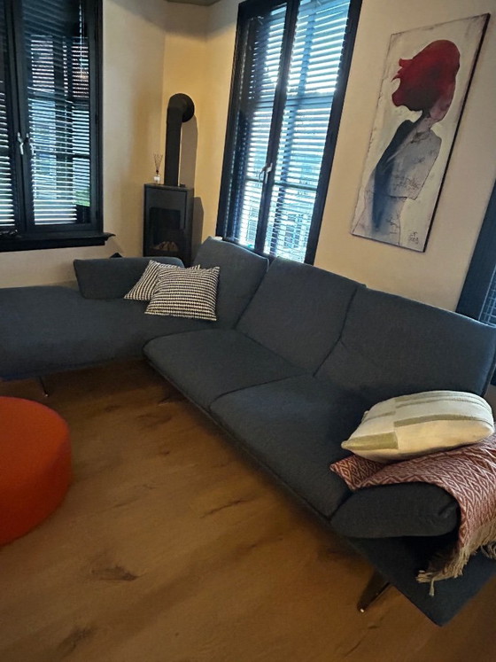 Modern corner sofa with chaise longue, dark blue textile, Panca, Metal (photo 4 of 5)