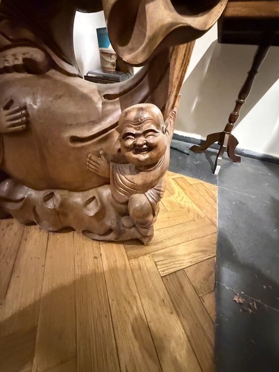 Image 1 of Antique Life-Size Hand-Carved Wooden Buddha (Budai) – Exceptional Statement Piece