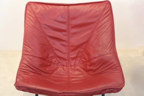 Molinari Foldable Easy Chairs Designed by Teun Van Zanten, Armchairs, Leather, Metal, Red, Mid Century Modern (photo 8 of 10)