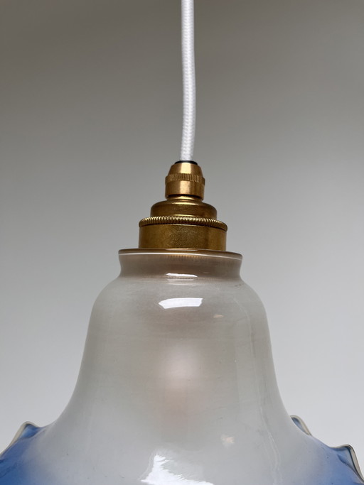 Vintage flower-shaped pendant lamp, frosted glass with blue rim (1970s/1980s)
