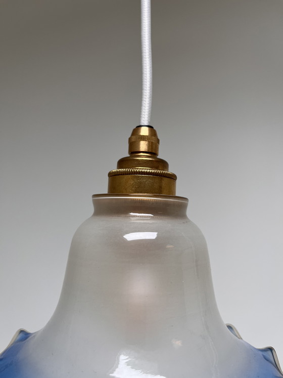 Image 1 of Vintage flower-shaped pendant lamp, frosted glass with blue rim (1970s/1980s)
