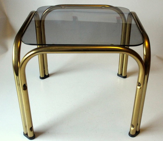 Image 1 of Small side table/plant stand, smoked glass, brass, vintage