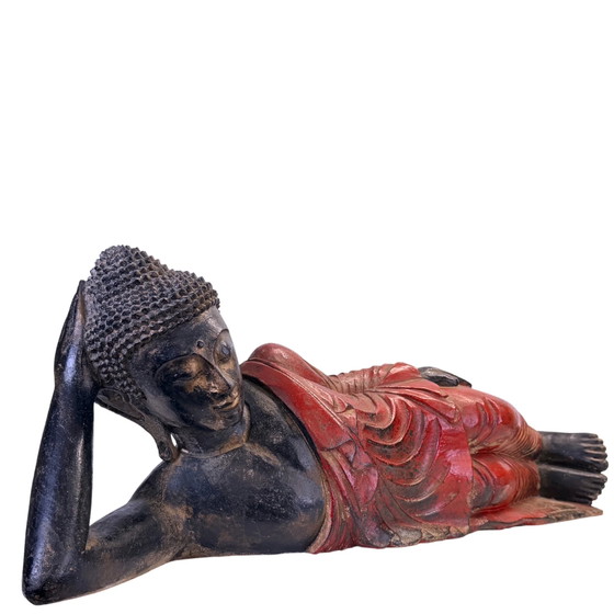 Antique Burmese Teak Wood Reclining Buddha – 19th Century – 102 cm – Sculpture (photo 2 of 11)