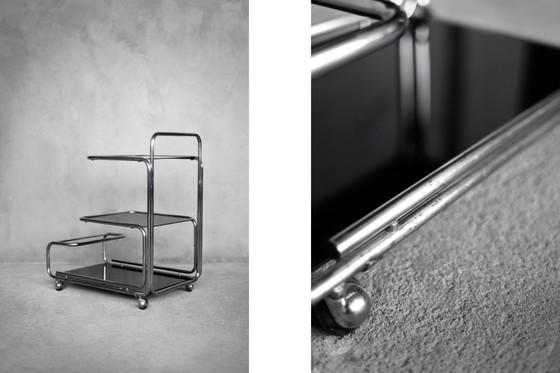 Image 1 of Vintage Mid-Century German Modern Bauhaus Chrome & Glass Serving Trolley or Bar Cart, 1960s