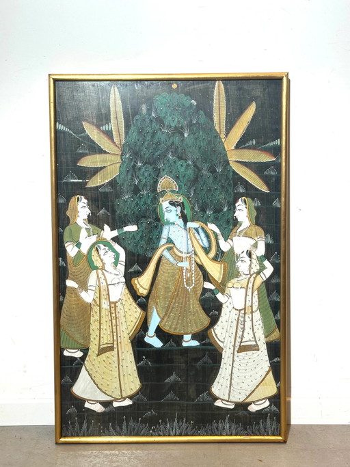Pintura antigua india de Krishna sobre seda, enmarcada en dorado. – schilderijen tekeningen