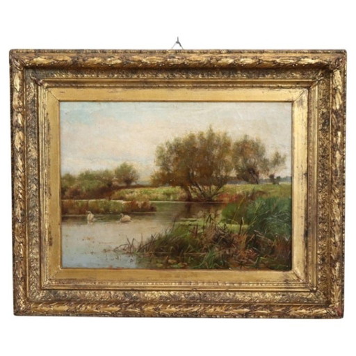 Landscape with Swans, Oil Painting on Canvas, English School, 19th Century