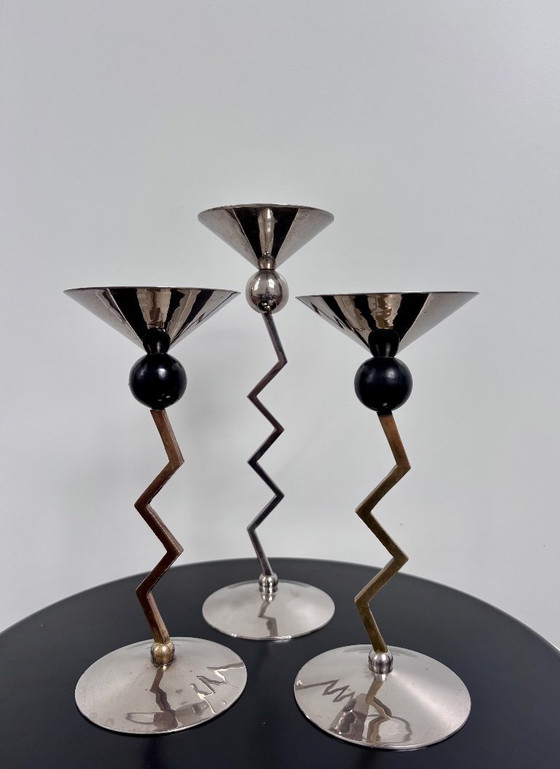 Image 1 of Set of three Zig-Zag vintage candle holders | Italy | 80s Memphis Milano inspired, postmodern Italian Design, Metal
