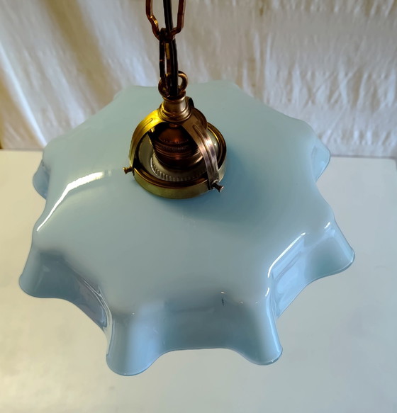 Vintage blue opaline and gilded brass Pendant lamp - mid-20th century, Glass (photo 7 of 8)