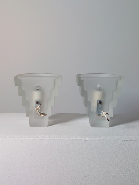 Image 1 of Coppia di lampade da parete a più livelli, vetro smerigliato, anni '80, E14, Art Déco Revival