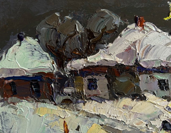 Image 1 of Original Oil Painting Snow Village Landscape Moonlit winter night