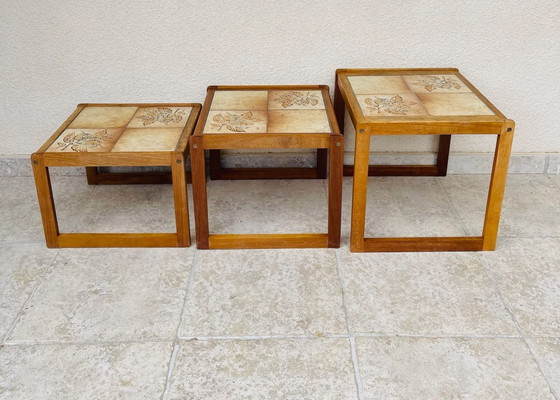 Image 1 of Set of 3 vintage nesting coffee tables in teak and earthenware, 1960
