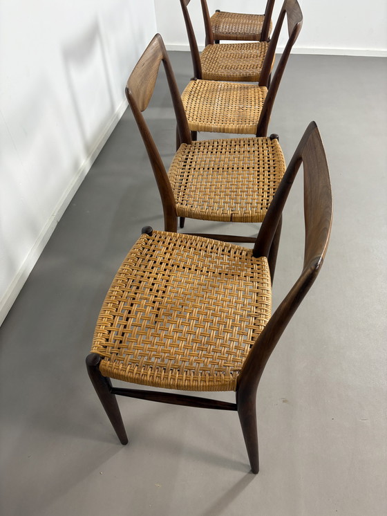 Image 1 of Set van 5 Deense palissanderhouten eetkamerstoelen met rotan uit 1960