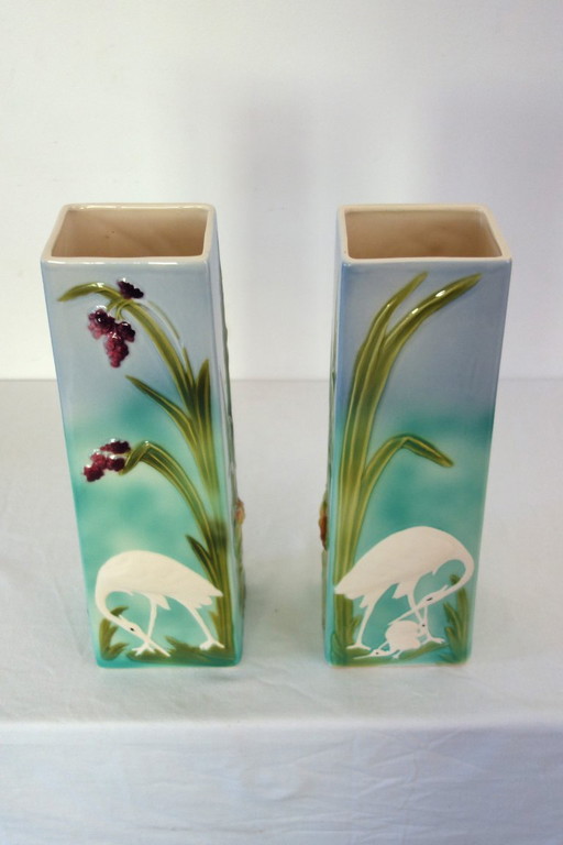 Paire de vases barbotine H 39cm Saint Clement vers 1900