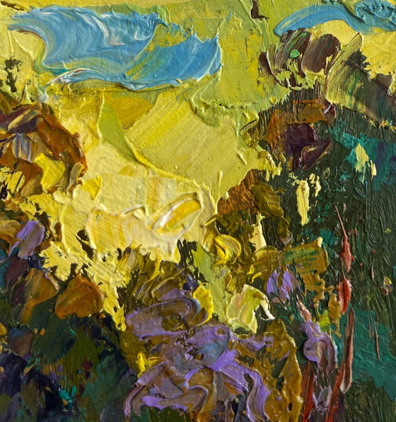 Image 1 of Original Oil Painting Evening Village Landscape Village near the forest
