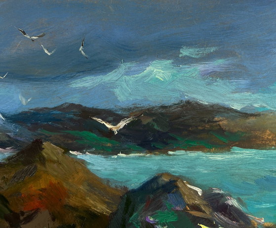 Image 1 of Original Oil Painting Coastal Rock Landscape A sea storm is approaching