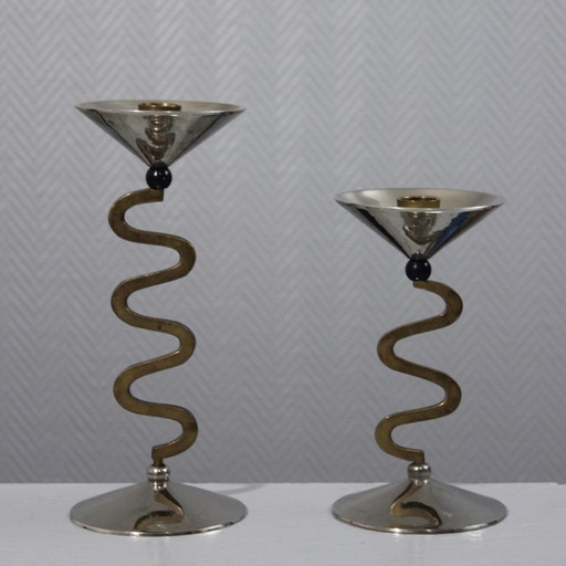 Paar Vintage "Zig Zag" Kandelaars Messing en metalen ontwerp Memphis 1980