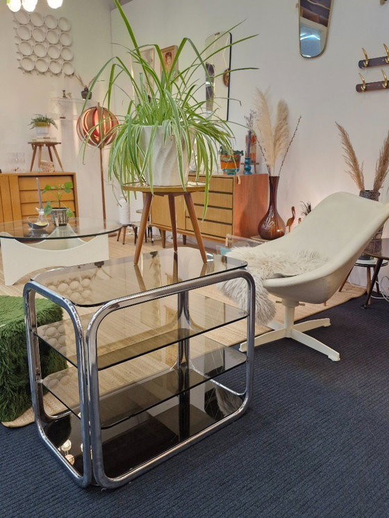 Image 1 of Vintage space age bar cart smoked glass chrome