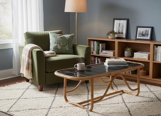 Image 1 of Vintage Bamboo Coffee Table with Black Plastic Top
