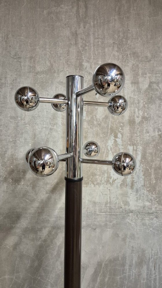 Vintage Coat Rack with Umbrella Stand, Chrome-Plated Metal and Wood, Mid-20th Century, 42 x 175 cm (photo 5 of 8)