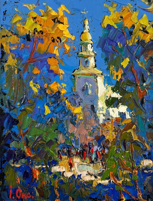 Pintura al óleo original: Paisaje de pueblo de verano con iglesia en el abrazo de la naturaleza.