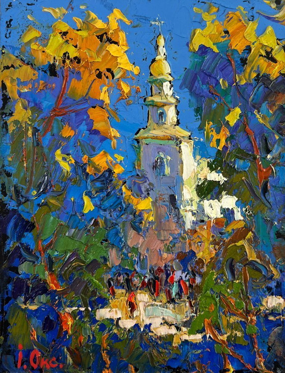 Image 1 of Original Oil Painting Summer Village Landscape Church in the embrace of nature