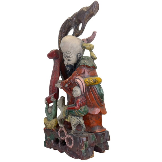Monumentale Handgesneden Chinese Teakhouten Shoulao Beeldhouwkunst – God van de Levensduur (65.5 x 27.5 cm / (photo 8 of 11)