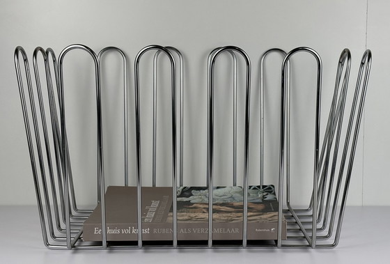 Image 1 of Large Vintage XL Wire Steel Chrome Newspaper Container / Reading Rack