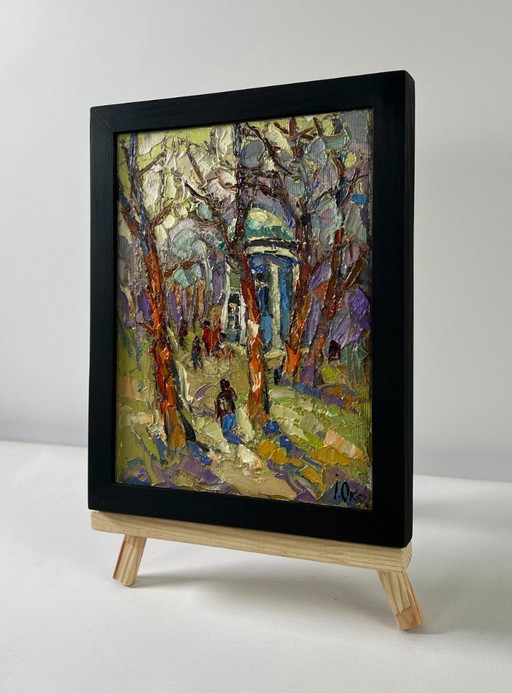 Pintura al óleo original: Paisaje de árboles de verano. Un paseo por el parque.