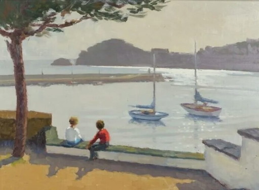 Impressionistisch olieverfschilderij van een boot en zeegezicht, ingelijst