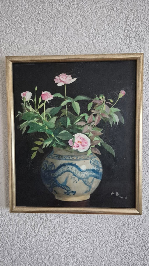 Original oil painting by Yin Yong Chun (1994) – Roses in a dragon vase